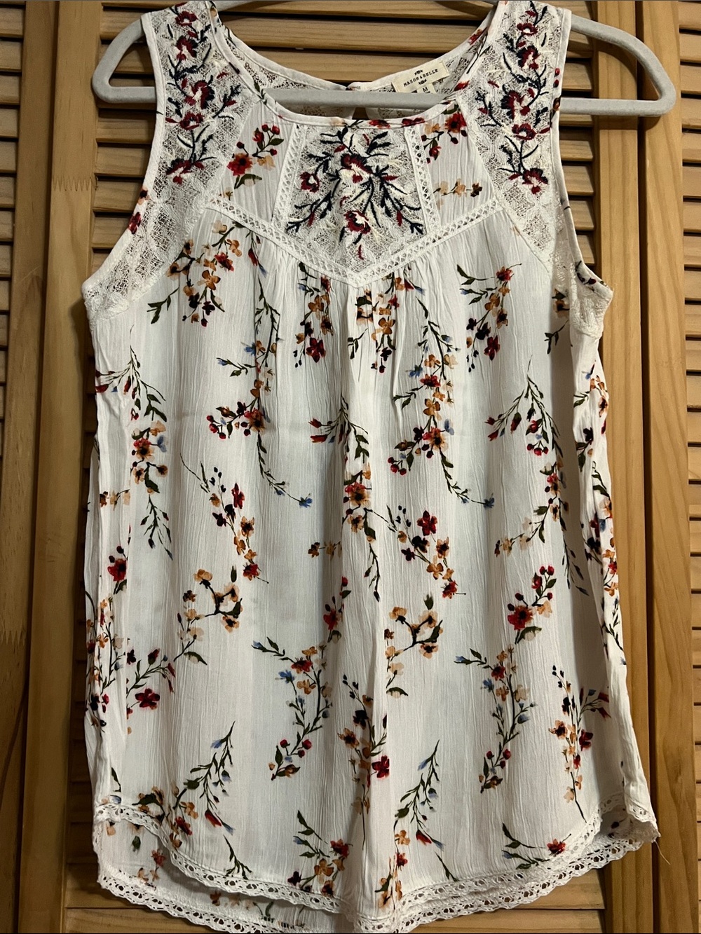 Off White Floral Lace-Trim Sleeveless Top